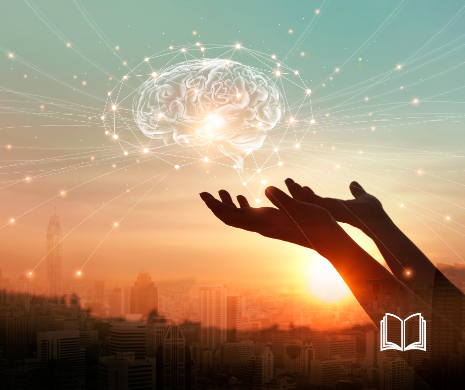 Two hands in the sunset holding a holographic image of circling lights.