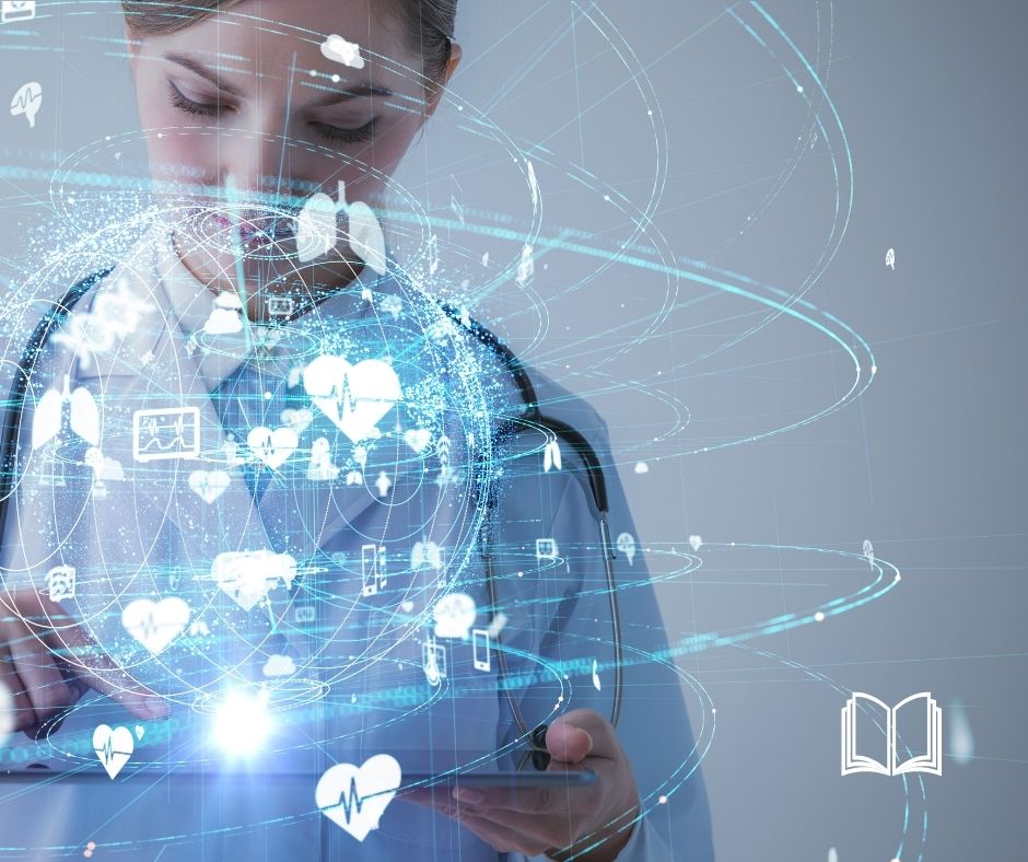 Woman with a speckled blue data holographic layover.