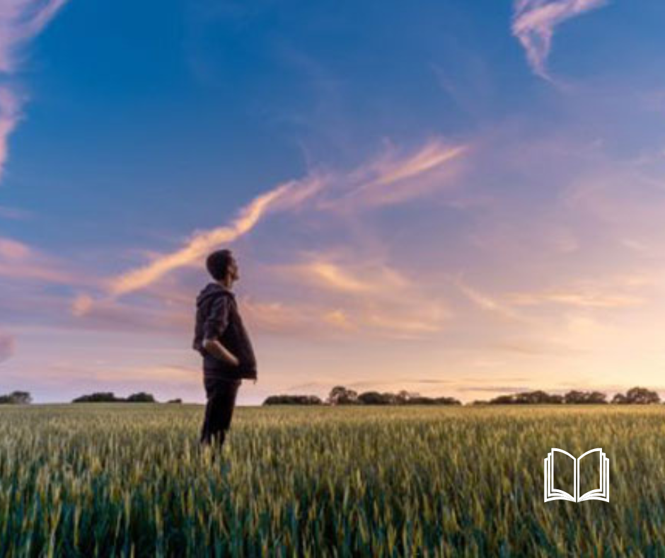 Single figure standing in a field looking up at a bright blue sky.