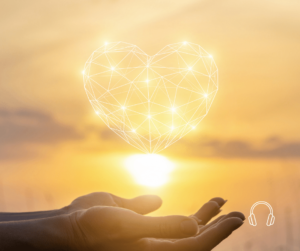 Hands holding a twinkling light outline of heart.